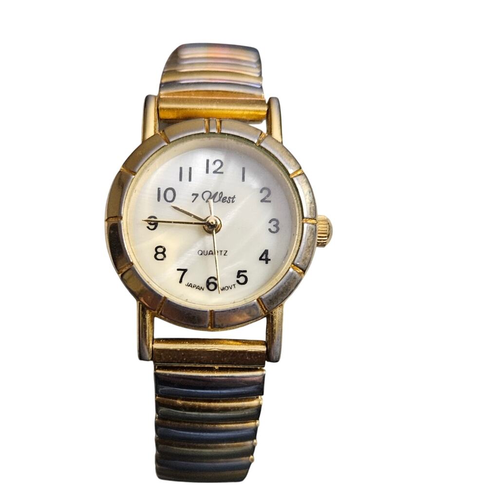 7 West Ladies Two Tone Silver Gold Expansion Band Quartz Wristwatch